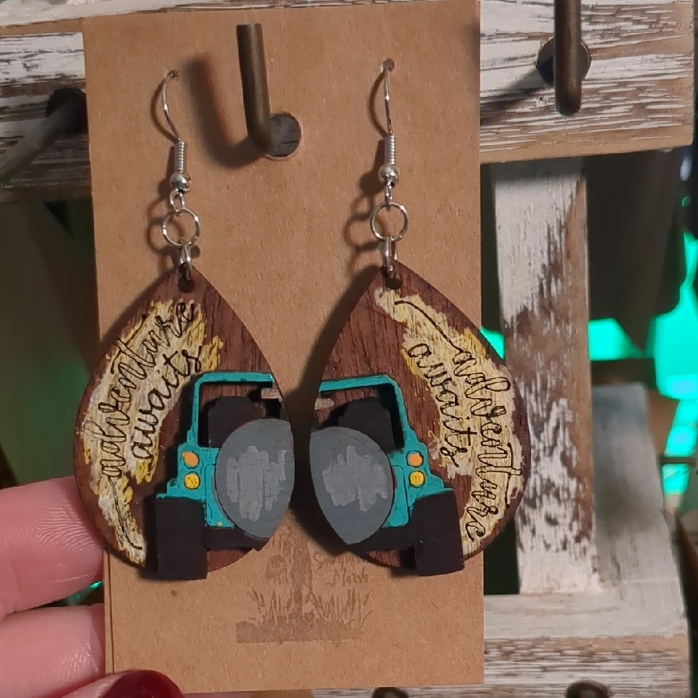 Handmade Wooden Jeep Teardrop Earrings Adventure Awaits